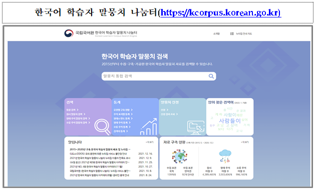 [그림1] <한국어 학습자 말뭉치 나눔터> 첫 화면