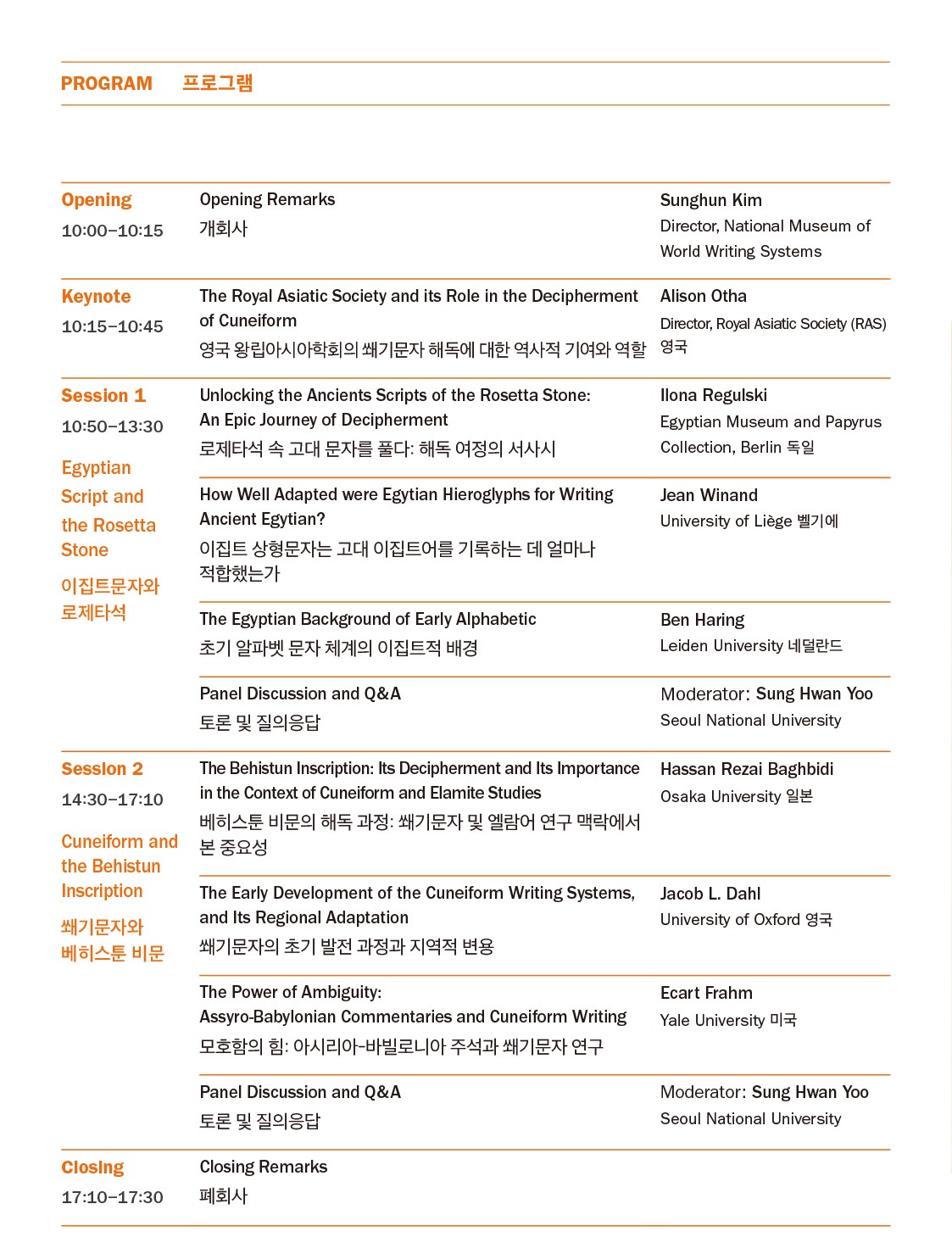 프로그램, opening 10:00~10:15, opening remarks 개회사 Sunghun Kim, Director, National Museum of World Writing Systems, Keynote 10:15~10:45 The Royal Asiatic Society and its Role inthe Decipherment of Cumeiform 영국 왕립아시아학회의 쐐기문자 해독에 대한 역사적 기여와 역할 Alison Otha, Director, Royal Asiatic Society(RAS) 영국, Session1 10:50~13:30 Egyptian Script and the Rosetta Stone 이집트문자와 로제타석, Unlocking the Ancients Scripts of the Rosetta Stone: An Epic Journey of Decipherment 로제타석 속 고대 문자를 풀다 : 해독 여정의 서사시 Ilona Regulski, Egyptian Museum and Papyrus Collection, Berlin 독일, How Well Adapted were Egytian Hieroglyphs for Writing Ancient Egytian? 이집트 상형문자는 고대 이집트어를 기록하는 데 얼마나 적합했는가 Jean Winand, University of Liege 벨기에, The Egyptian Background of Early Alphabetic 초기 알파벳 문자 체계의 이집트적 배경, Ben Haring, Leiden University 네덜란드, Panel Discussiong and Q&A, Moderator : Sung Hawn Yoo, Seoul National University, Session2 14:30~17:10 Cuneiform and the Behistun Inscription 쐐기문자와 베히스툰 비문, The Behistun INSCRIPTIONS : Its Deciphement and Its Importance in the Context if Cumeiform and Elamite Studies, 베히스툰 비문의 해독 과정 : 쐐기문자 및 엘람어 연구 맥락에서 본 중요성, Hassan Rezai Baghbidi, Osaka University 일본, The Early Development of the Cuneiform Writing Systems, and Its Regional Adaptation, 쐐기문자의 초기 발전 과정과 지역적 변용, Jacob L. Dahi, University of Oxford 영국, The Pover of Ambiguity : Assyro-Babylonian Commentaries and Cuneiform Writing, 모호함의 힘 : 아시리아-바빌로니아 주석과 쐐기문자 연구, Ecart Frahm, Yale University 미국, Panel Discussion and Q&A, 토론 및 질의 응답, Moderatir : Sung Hawn Yoo Seoul National University, Closing 17:10~17:30, Closing Remarkes 폐회사